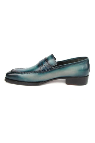 Paul Parkman 944-TRQ Men's Handmade Shoes Tuiquoise Crocodile Embossed / Patina Leather Penny Loafers (PM6413)-AmbrogioShoes