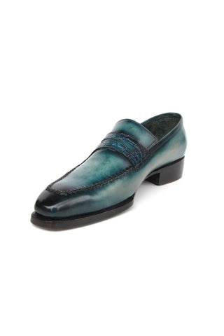 Paul Parkman 944-TRQ Men's Handmade Shoes Tuiquoise Crocodile Embossed / Patina Leather Penny Loafers (PM6413)-AmbrogioShoes