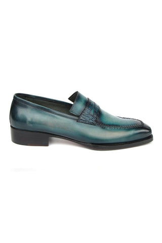 Paul Parkman 944-TRQ Men's Handmade Shoes Tuiquoise Crocodile Embossed / Patina Leather Penny Loafers (PM6413)-AmbrogioShoes
