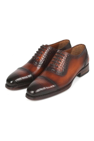 Paul Parkman 9482-BRW Men's Handmade Shoes Brown Crocodile Embossed / Calf-Skin Leather Cap-Toe Oxfords (PM6331)-AmbrogioShoes