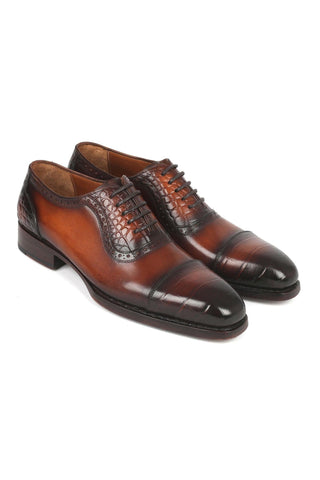 Paul Parkman 9482-BRW Men's Handmade Shoes Brown Crocodile Print / Calf-Skin Leather Cap-Toe Oxfords (PM6331)-AmbrogioShoes