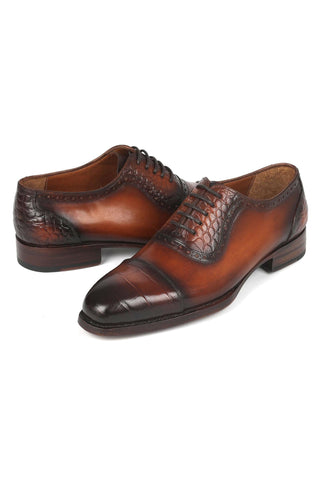 Paul Parkman 9482-BRW Men's Handmade Shoes Brown Crocodile Print / Calf-Skin Leather Cap-Toe Oxfords (PM6331)