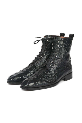 Paul Parkman BT744-BLK Black Crocodile Embossed / Leather Boots (PM6286)-AmbrogioShoes
