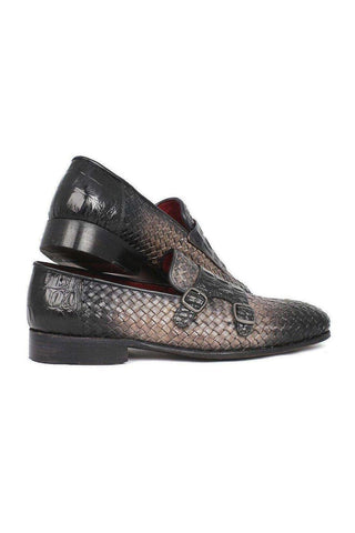 Paul Parkman Gray Woven & Croc Embossed Monkstraps Loafers (PM5457)-AmbrogioShoes