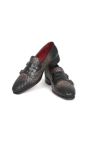 Paul Parkman Gray Woven & Croc Embossed Monkstraps Loafers (PM5457)