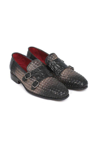 Paul Parkman Gray Woven & Croc Embossed Monkstraps Loafers (PM5457)-AmbrogioShoes