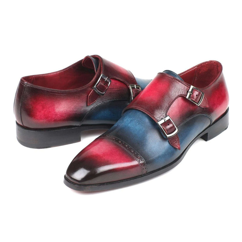 Paul Parkman Handmade Shoes Captoe Double Monkstraps Blue & Fuxia Loafers (PM5850)-AmbrogioShoes