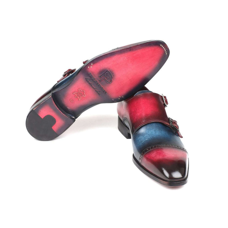 Paul Parkman Handmade Shoes Captoe Double Monkstraps Blue & Fuxia Loafers (PM5850)-AmbrogioShoes