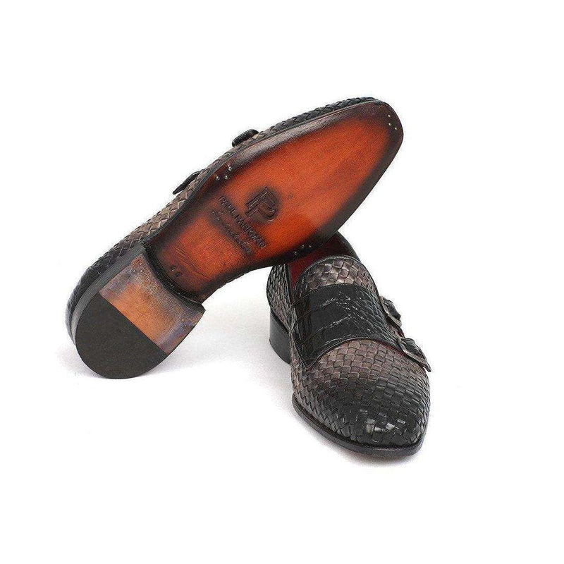 Paul Parkman Handmade Shoes Gray Woven & Croc Embossed Monkstraps Loafers (PM5457)-AmbrogioShoes
