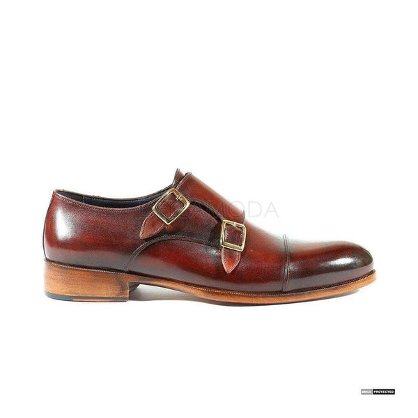 Paul Parkman Handmade Shoes Handmade Mens Shoes Captoe Double Monkstrap Hand-Painted Dark Brown Loafers (PM1029)-AmbrogioShoes
