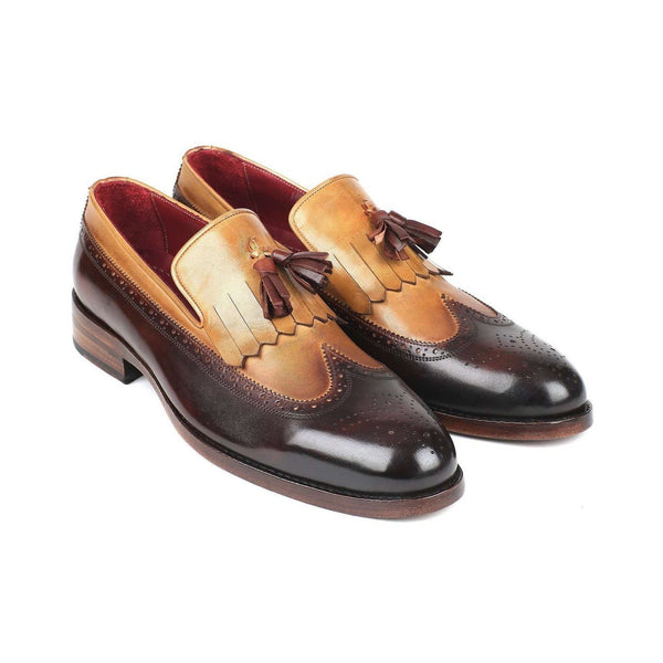 Paul Parkman Handmade Shoes Men's Beige & Brown Calf-skin Leather Kiltie Tassel Loafers KT57BJ (PM5905)-AmbrogioShoes