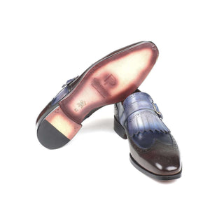 Paul Parkman Handmade Designer Shoes Men's Blue & Brown Kiltie Monstrap Calfskin Loafers 52SL79 (PM5706)