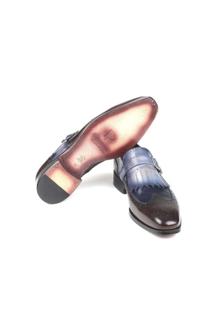 Paul Parkman Handmade Designer Shoes Men's Blue & Brown Kiltie Monstrap Calfskin Loafers 52SL79 (PM5706)-AmbrogioShoes