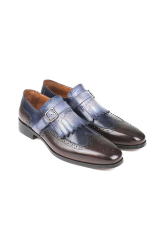 Paul Parkman Handmade Designer Shoes Men's Blue & Brown Kiltie Monstrap Calfskin Loafers 52SL79 (PM5706)-AmbrogioShoes