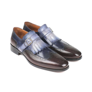 Paul Parkman Handmade Designer Shoes Men's Blue & Brown Kiltie Monstrap Calfskin Loafers 52SL79 (PM5706)