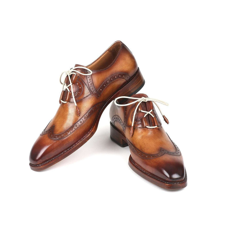 Paul Parkman Handmade Shoes Men's Ghillie Lacing Brown & Camel Wingtip Calfskin Oxfords 2955-CML (PM5720)-AmbrogioShoes