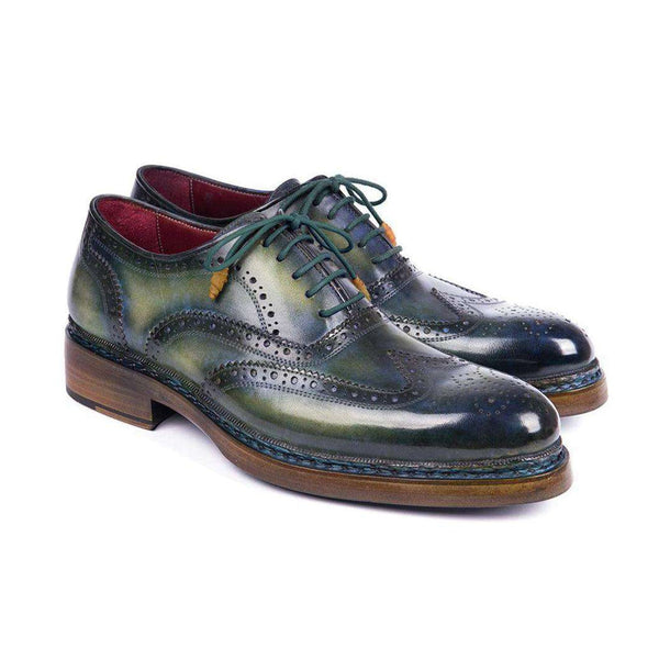 Paul Parkman Handmade Shoes Mens Green & Blue Calfskin Wingtip Brogue Oxfords (PM5801)-AmbrogioShoes