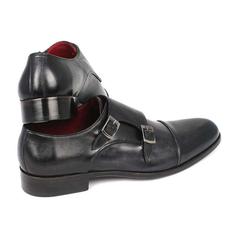 Paul Parkman Handmade Shoes Men's Handmade Shoes Cap-toe Double Monkstraps Gray Black Loafers (PM5220)-AmbrogioShoes