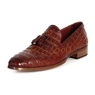 Paul Parkman Handmade Designer Shoes Men's Handmade Designer Shoes Crocodile Embossed Calfskin Tassel Brown Loafers (PM5214)