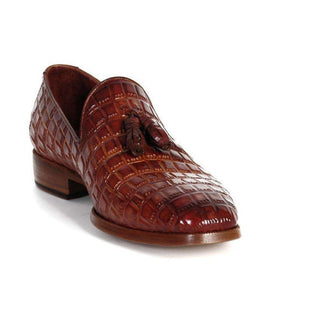 Paul Parkman Handmade Designer Shoes Men's Handmade Designer Shoes Crocodile Embossed Calfskin Tassel Brown Loafers (PM5214)