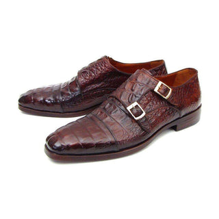 Paul Parkman Handmade Designer Shoes Men's Handmade Designer Shoes Double Monkstraps Crocodile Embossed Calfskin Brown / Bordeaux Loafers (PM4016)