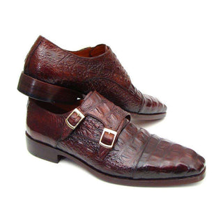 Paul Parkman Handmade Designer Shoes Men's Handmade Designer Shoes Double Monkstraps Crocodile Embossed Calfskin Brown / Bordeaux Loafers (PM4016)