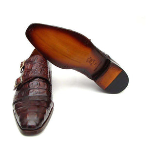 Paul Parkman Handmade Designer Shoes Men's Handmade Designer Shoes Double Monkstraps Crocodile Embossed Calfskin Brown / Bordeaux Loafers (PM4016)
