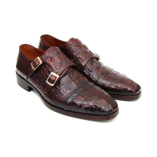 Paul Parkman Handmade Designer Shoes Men's Handmade Designer Shoes Double Monkstraps Crocodile Embossed Calfskin Brown / Bordeaux Loafers (PM4016)