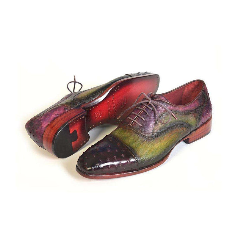 Paul Parkman Handmade Shoes Men's Handmade Shoes Genuine Ostrich Captoe Green / Purple Oxfords (PM4019)-AmbrogioShoes