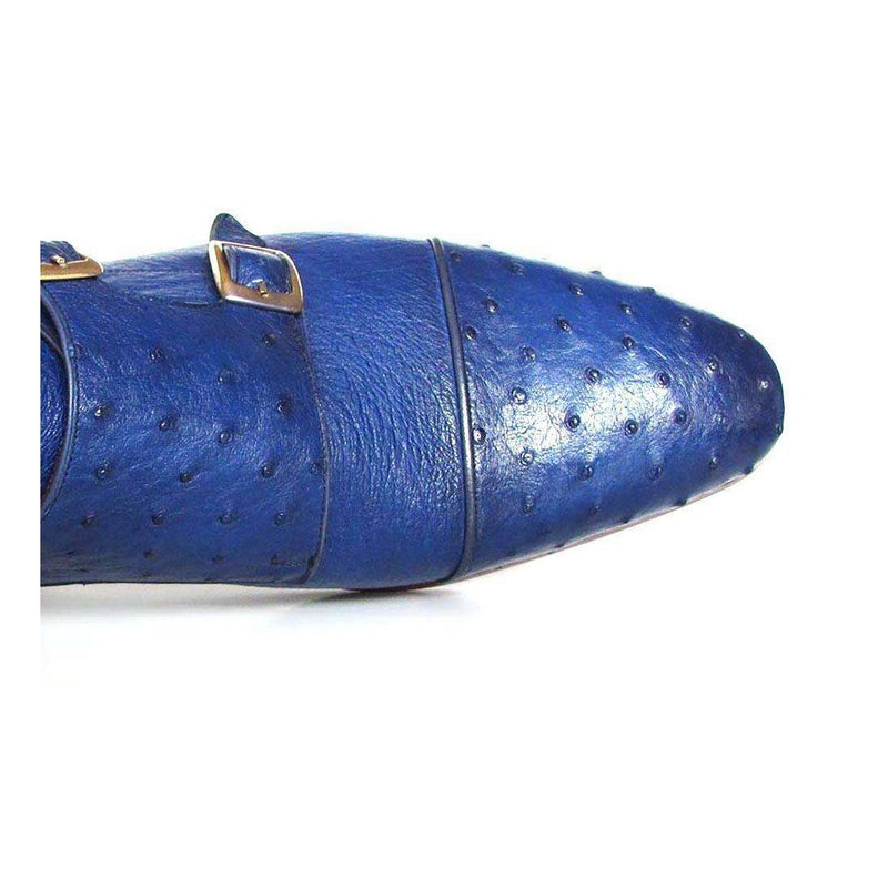 Paul Parkman Handmade Shoes Men's Handmade Shoes Genuine Ostrich Double Monkstraps Sax Blue Loafers (PM4021)-AmbrogioShoes