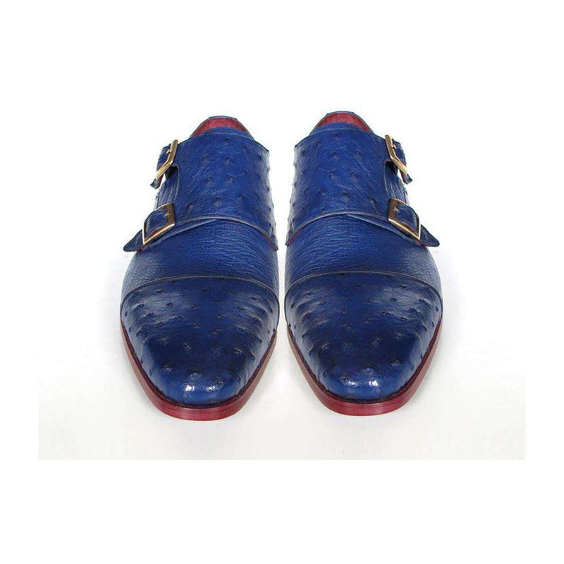 Paul Parkman Handmade Shoes Men's Handmade Shoes Genuine Ostrich Double Monkstraps Sax Blue Loafers (PM4021)-AmbrogioShoes