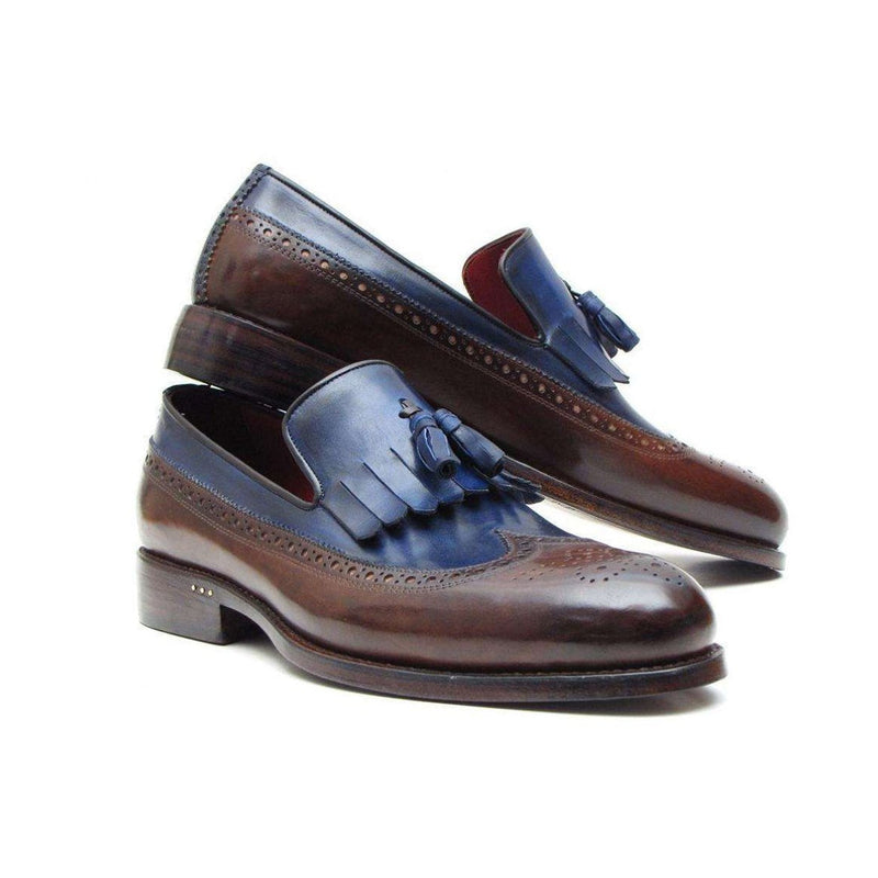 Paul Parkman Handmade Shoes Men's Handmade Shoes Kiltie Tassel Brown Navy Loafers (PM5202)-AmbrogioShoes