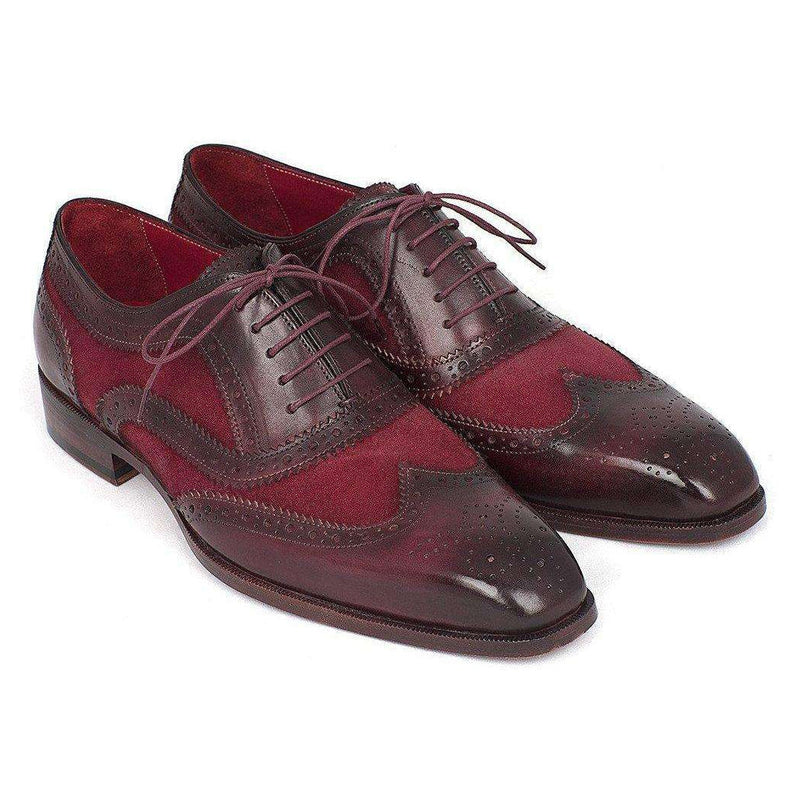 Paul Parkman Handmade Shoes Suede & Calfskin Men's Wingtip Oxfords Bordeaux (PM5402)-AmbrogioShoes
