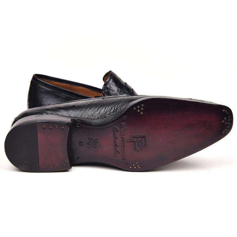 Paul Parkman Handmade Shoes Wingtip Genuine Crocodile & Ostrich Penny Black Loafers (PM5503)-AmbrogioShoes