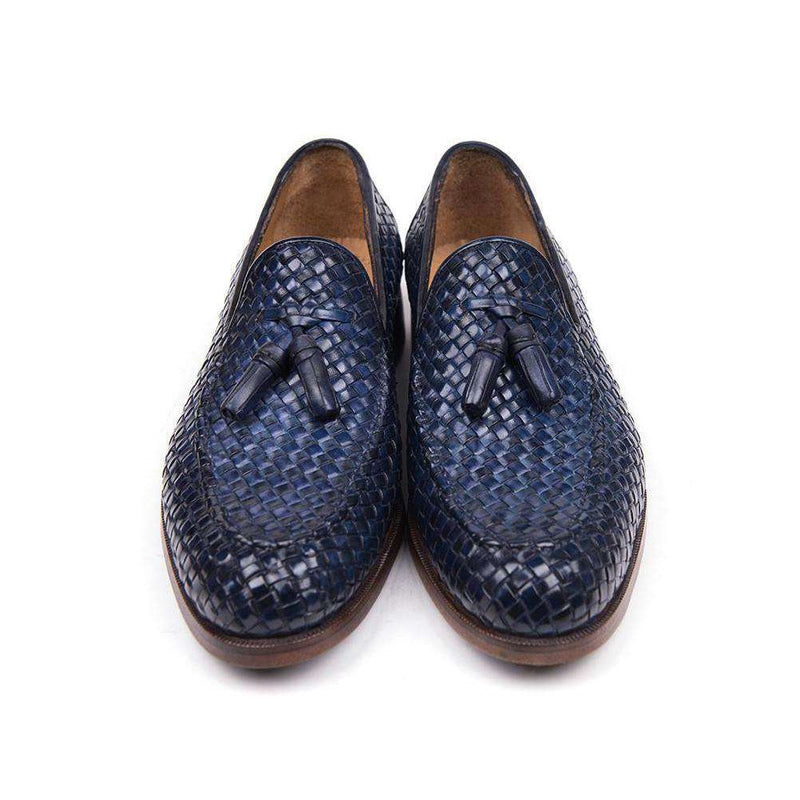 Paul Parkman Handmade Shoes Woven Leather Tassel Navy Loafers (PM5507)-AmbrogioShoes