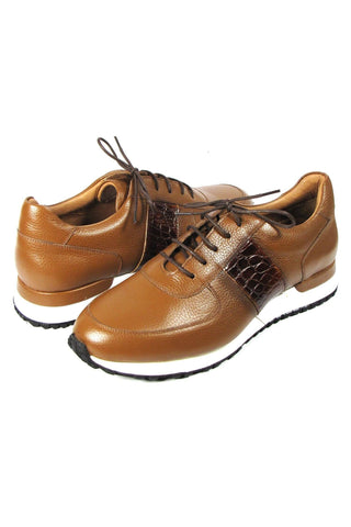 Paul Parkman LP206CGN Cognac Crocodile Print / Calf-Skin Leather Casual Sneakers (PM6319)-AmbrogioShoes