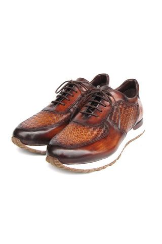 Paul Parkman LW205BRW Brown Hand-Painted Woven Leather Sneakers (PM6408)