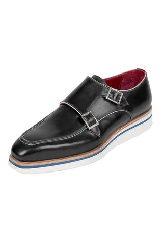 Paul Parkman Men's Black Leather Monk-Straps Loafers 189-BLK-LTH (PM6119)-AmbrogioShoes