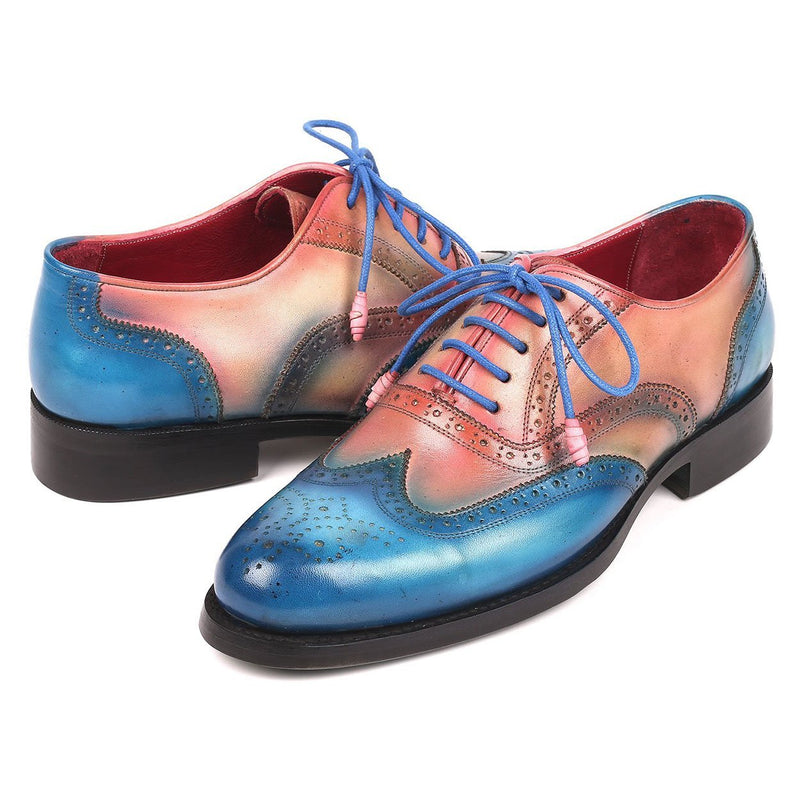 Paul Parkman Men's Blue & Pink Calf-Skin Leather Wing-tip Good Year Welted Oxfords 027-BLUPNK (PM6174)-AmbrogioShoes