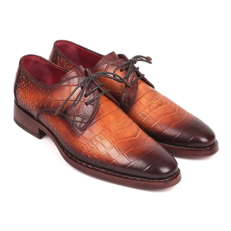 Paul Parkman Men's Brown Crocodile Print / Calf-Skin Leather Good Year Welted Derby Oxfords 5286BRW (PM6176)-AmbrogioShoes