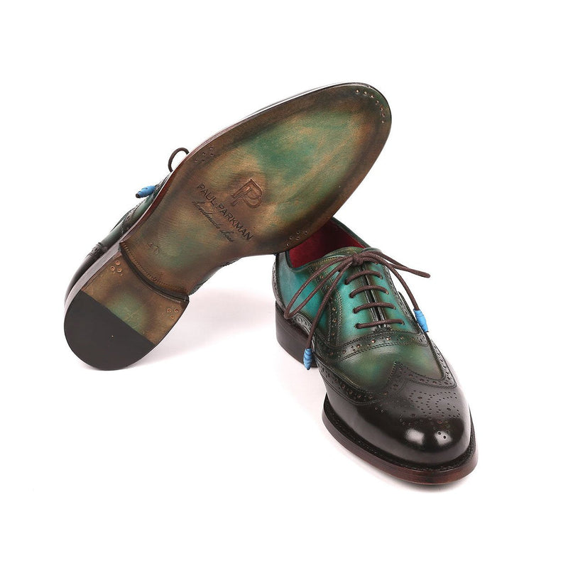 Paul Parkman Men's Brown & Green Calf-Skin Leather Wing-tip Good Year Welted Oxfords 027-BRWGRN (PM6175)-AmbrogioShoes
