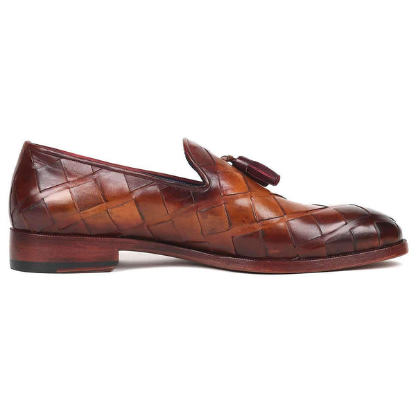 Paul Parkman Men's Brown Woven Leather Big Braided Tassel Loafers 6623-BRW (PM6124)-AmbrogioShoes