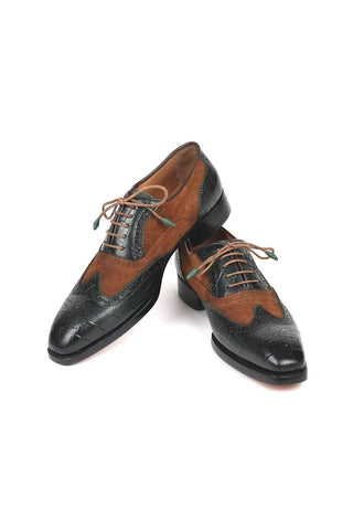 Paul Parkman Men's Brown and Green Pattern Embossed / Calf-Skin and Suede Good Year Wing Tips Oxfords 9941-BWG (PM6125)-AmbrogioShoes