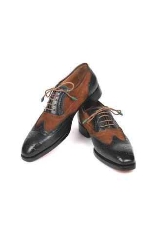 Paul Parkman Men's Brown and Green Pattern Print / Calf-Skin and Suede Good Year Wing Tips Oxfords 9941-BWG (PM6125)-AmbrogioShoes