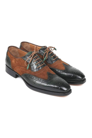 Paul Parkman Men's Brown and Green Pattern Print / Calf-Skin and Suede Good Year Wing Tips Oxfords 9941-BWG (PM6125)-AmbrogioShoes