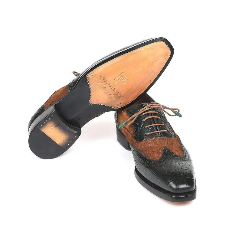 Paul Parkman Men's Brown and Green Pattern Print / Calf-Skin and Suede Leather Good Year Wing Tips Oxfords 9941-BWG (PM6125)-AmbrogioShoes