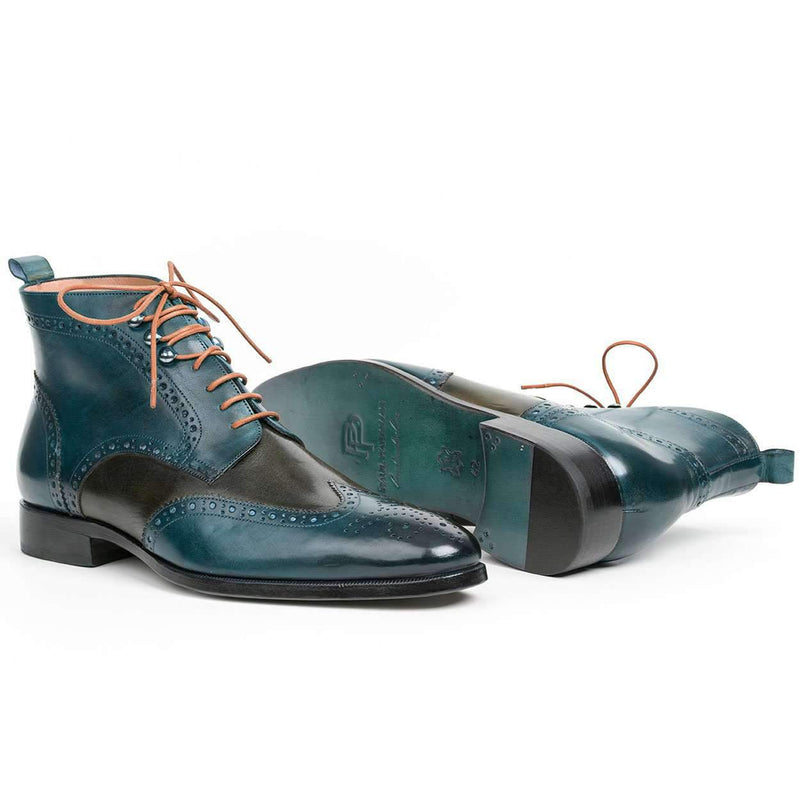 Paul Parkman Men's Green and Blue Calf-Skin Leather Wing Tip Ankle Boots PT777GRN (PM6139)-AmbrogioShoes