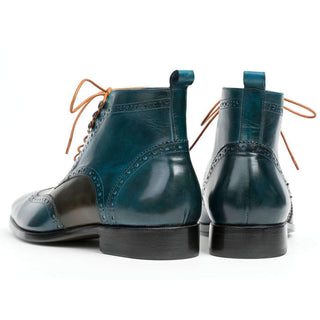 Paul Parkman Men's Green and Blue Calf-Skin Leather Wing Tip Ankle Boots PT777GRN (PM6139)-AmbrogioShoes