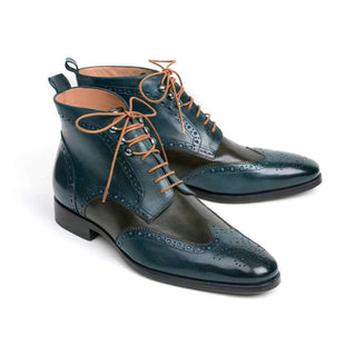Paul Parkman Men's Green and Blue Calf-Skin Leather Wing Tip Ankle Boots PT777GRN (PM6139)-AmbrogioShoes