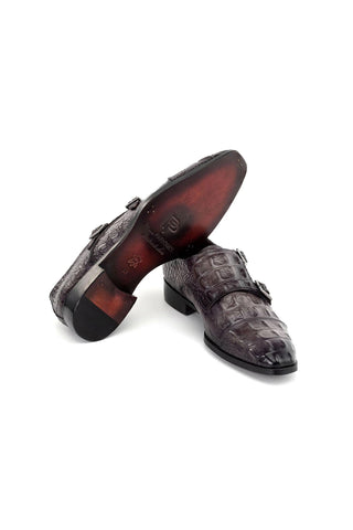 Paul Parkman Men's Handmade Shoes Crocodile Embossed Leather Double Monk-Strap (PM6465)-AmbrogioShoes